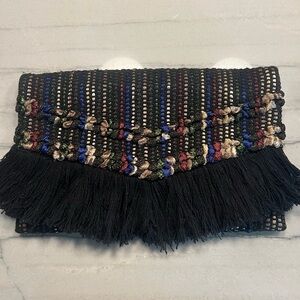 Stella & Dot Black and Multicolor Fringe Clutch